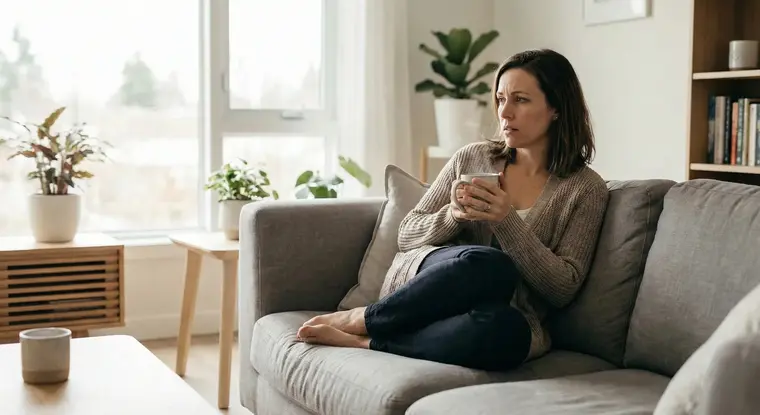 Mulher pensativa no sofá